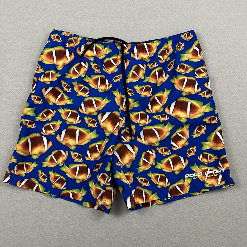 Polo Ralph Lauren Swim Shorts Men Large Blue Fish Print Lining Trunks Colorful L